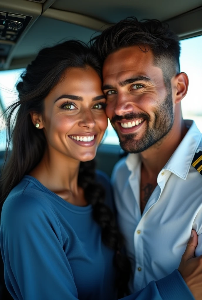 (photorealism: 1.2), hot brazilian sexy girl in sexy dynamic pose. raw portrait photography, hyper realistic and detailed face, complex and realistic skin texture, hot body, athletic body, smiling, long black hair with braid, dressed with long blue sweatshirt with the pilot, handsome tanned guy, Brazilian, beard and beautiful smile, green eyes, black hair, white pilot shirt in the cockpit airbus