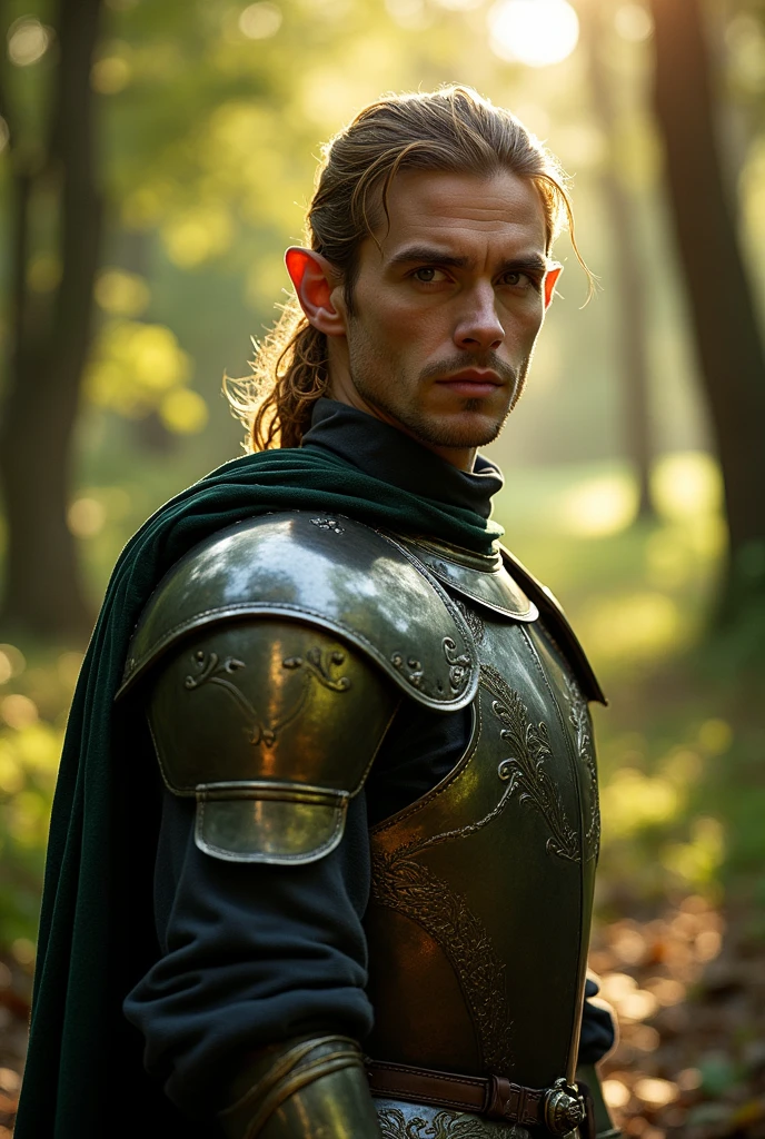 Colin O' Donoghue, Killian Jones as an elf from lord of the rings. He is in the forest, wearing a beautiful forest elf armor and looks into the camera. It's sunny, the atmosphere is beautiful and it comes with a touch of magic. Make it hyperrealistic, fullbody and cinematic. 