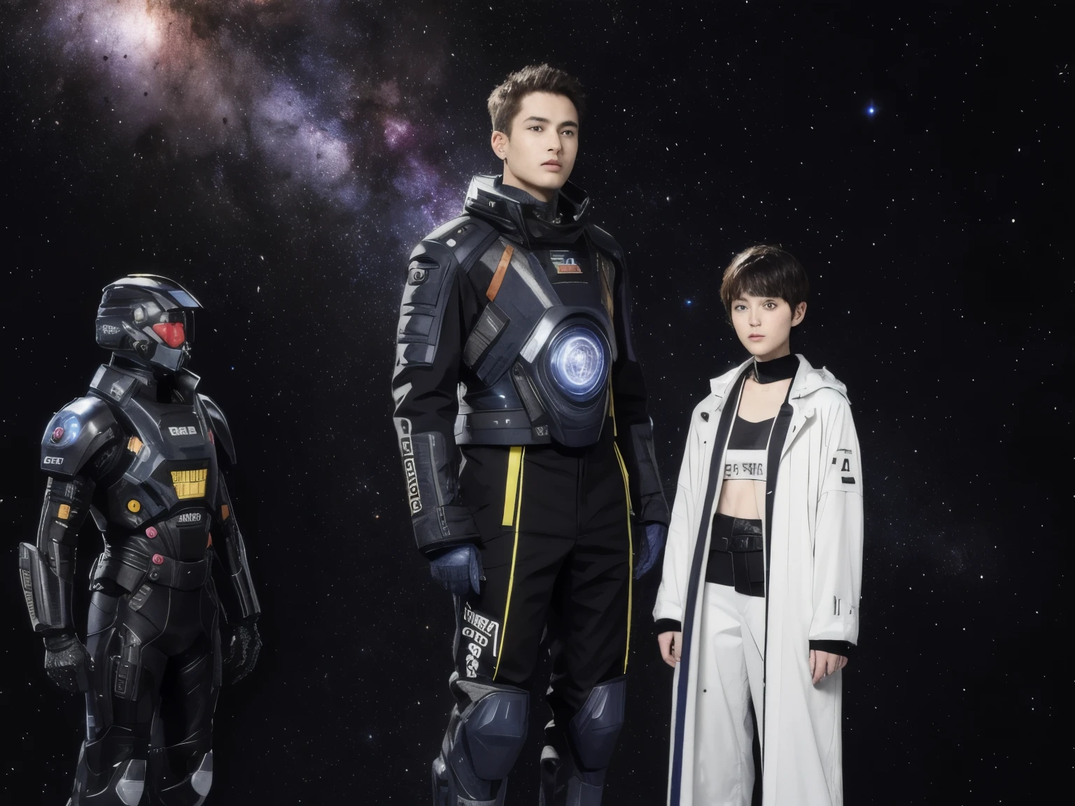 277 (20-year-old woman,short hair), (20-year-old male), Are standing, flower, Futuristic clothing, machinery suit, (The background is a galaxy and nebula)