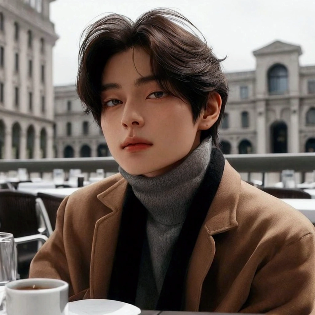 there is a man sitting at a table with a cup of coffee, jung jaehyun, he is wearing a brown sweater, male ulzzang, hyung tae, with short hair, siwoo kim, wearing a turtleneck and jacket, south korean male, taejune kim, korean artist, sakimichan, inspired by Zhang Han, kim doyoung