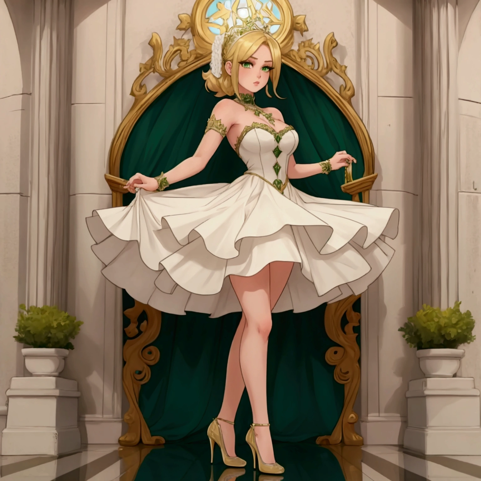 high quality, 8k quality, ultra detail, 1girl, Makeup, highest quality, blonde hair, emerald green eyes, high heel shoes, white dress, standing pose, full body shot, bare legs