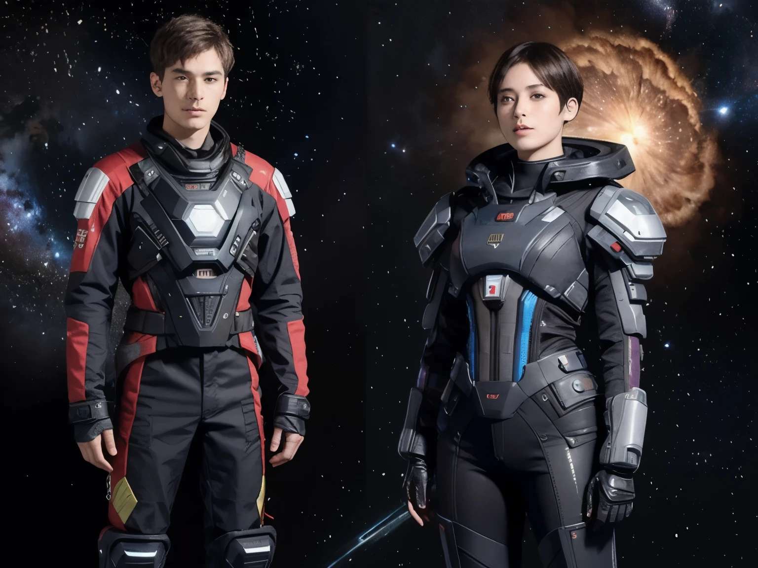 277 (20-year-old woman,short hair), (20-year-old male), Are standing, flower, Futuristic clothing, machinery suit, (The background is a galaxy and nebula)