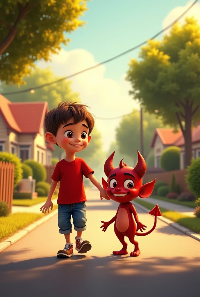 A young boy, about  with short brown hair and wearing a red t-shirt and blue jeans, walking down a suburban street. Beside him is his imaginary devil friend—a playful, mischievous character with small red horns, a pointed tail, and a friendly grin. The devil friend is about the same height as the boy and has a cartoonish, non-threatening appearance. The street is lined with trees and houses, with a warm, golden afternoon light. The overall style is bright, colorful, and in the playful, exaggerated style typical of Pixar animations."