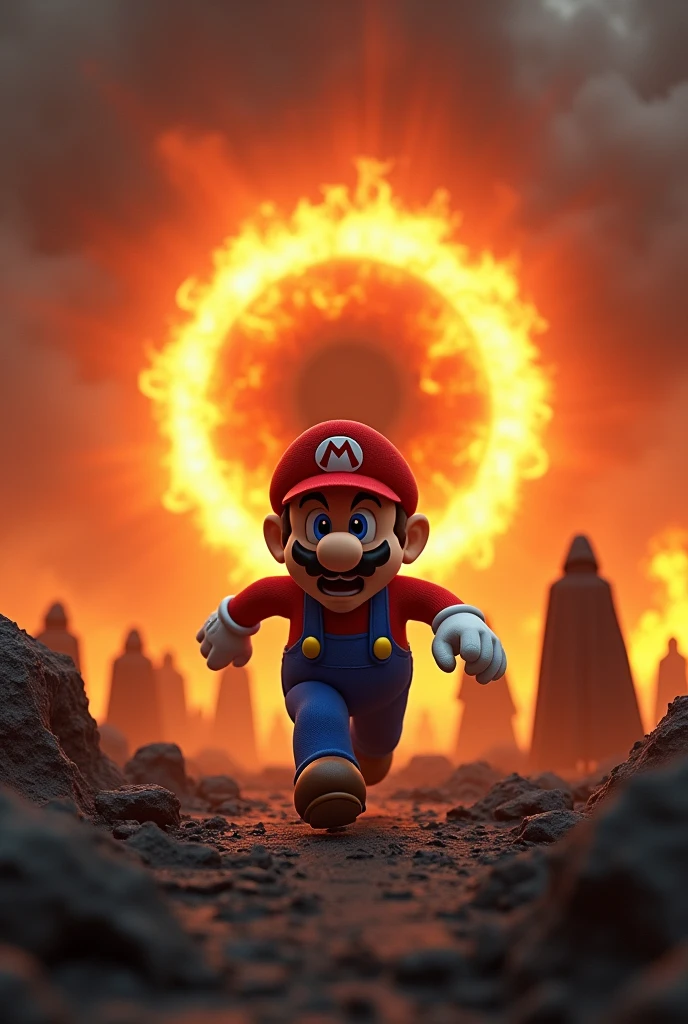 Conceptual art. 16K. UHD. High quality, photorealism. Thematic background. Fantasy. Mysticism. Detailed face with expressive eyes. Stunning full color design, sharp focus, studio shot, intricate details, high detail, detailed anatomy. Hyperrealism.
An animated scene with the Super Mario character in the foreground, running with an expression of fear. Super Mario has stolen the One Ring. The background is dominated by a massive eye-like structure (the Eye of Sauron) made of intense flames emitting bright light. This fiery eye is surrounded by bright orange and red flames, creating a dramatic and ominous atmosphere. The sky is filled with thick dark clouds, adding to the sense of impending doom. The ground is covered with scattered dark gray rocks and charred earth, illuminated by the bright fire behind the character. In the mid-ground, several cloaked figures can be seen standing in silhouette against a flaming sky, contributing to the mysterious and ominous atmosphere. The overall mood is intense, dramatic, and humorous, with Mario's carefree appearance contrasting with the dark, fantasy-inspired setting. Lighting primarily comes from a central fiery eye, casting strong shadows and highlights across the landscape, creating a cinematic feel with high gamma, medium contrast, and warm tones dominating the color palette.