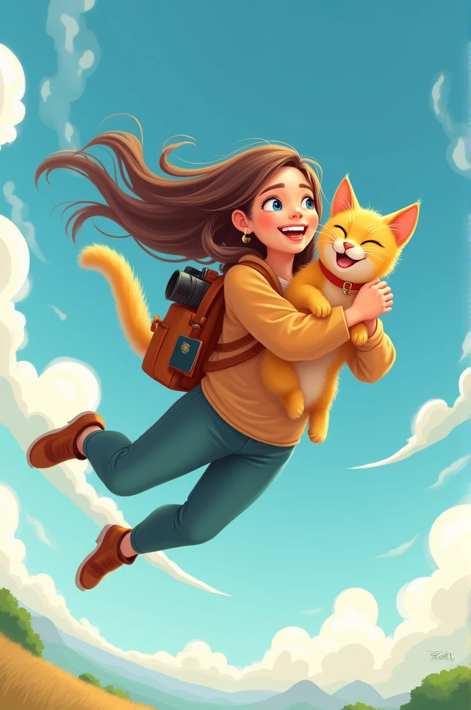 a happy woman fly in the sky with yellow cat they want traveling all over the world together.
they have camera and passport