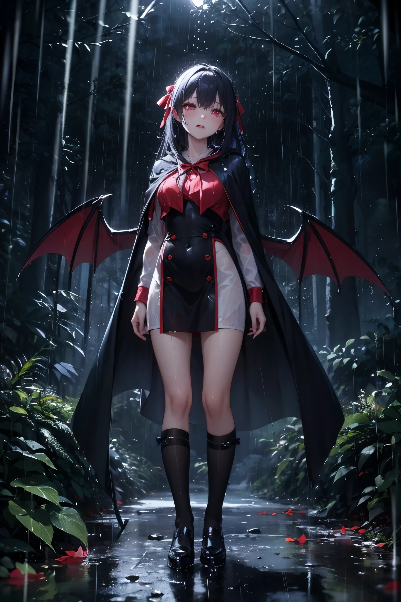 uhd, 4k, textured skin, High details, ​High Details face, masterpiece, best quality, (Amazingly absurd:1.2), (​masterpiece:1.2), 1 vampiregirl, crying, vampire cape, vampire wings, Long dress, standing, dynamische pose:1.5, half-closed eyes, glowing red eyes, very long black hair, shiny hair , fullbody, two colored hair, hair ribbon, black knee socks, Kawaiitech, soft colours, Kawaii, Beautiful colors, (Rain:1.5), (Night:2), (forest:1.5),