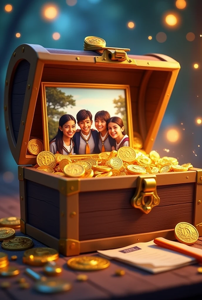 an animated opened treasure box with gold coins, medals, letter and a picture of young friends in their uniforms inside it