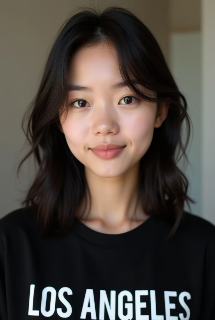 Her face is square with a smooth and balanced structure, exuding a youthful and calm expression. Her skin is medium and evenly toned, appearing soft and well-maintained. She has dark, straight hair that falls just below her shoulders, parted down the middle, framing her face evenly on both sides.
Her eyebrows are dark, slightly arched, and well-groomed, giving her a gentle and natural expression. Her eyes are large,hooded almond-shaped, and have a dark color, likely dark brown. They are set symmetrically and appear calm, with a neutral yet engaging gaze directed forward.
She has a straight nose, proportionate to her face, with a slight narrowing towards the tip. Her lips are naturally full with a soft, pinkish color, slightly curved in a neutral or gentle expression. She does not appear to be smiling broadly, but her lips are relaxed and closed, giving a serene and composed look.
Her jawline is soft and not overly pronounced, adding to the overall gentle and approachable appearance of her face. Her cheeks are smooth, with a slight natural contour that complements her youthful appearance. She is wearing a black sweatshirt with the words "LOS ANGELES"in capital printed in bold white letters across the chest, which adds a casual and modern touch to her look.
And also she looks indian
Overall, her facial features are harmonious, with a calm, pleasant, and approachable demeanor.