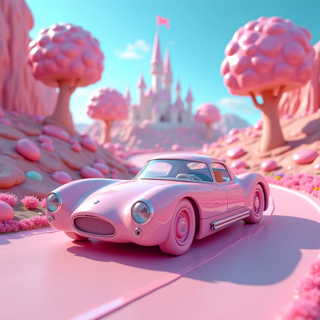 A car driving on the winding road of the Candy Kingdom, vehicle close-up, oblique side view, candy, tree lollipops, only in the form of doughnuts, candy colorful, surreal, castle in the distance, picture in pink and blue, 3D