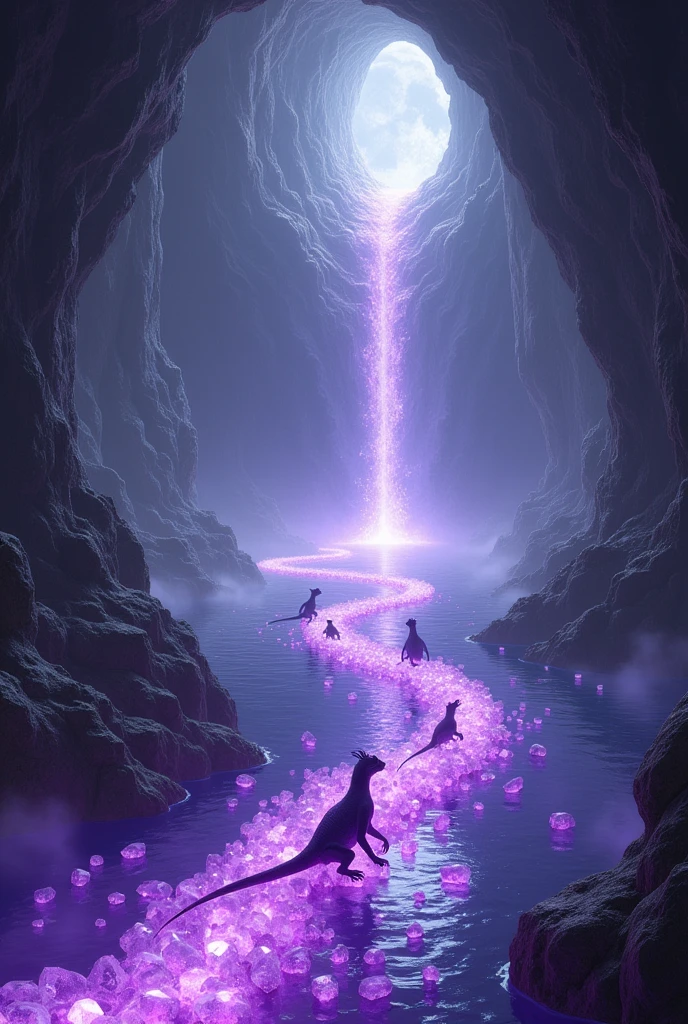 Inside a very large cave, in the center a path made of purple amethyst crystal in the middle of a temple, at the end of the path a purple crystal portal. Crystal clear water on the ground.
Foggy cave full of long-tailed reptilians walking towards the portal 