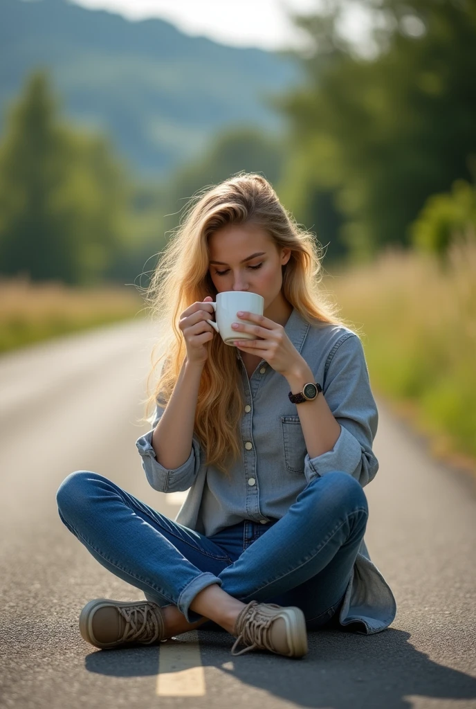 A white girl in road and enjoy cofe in jens pents