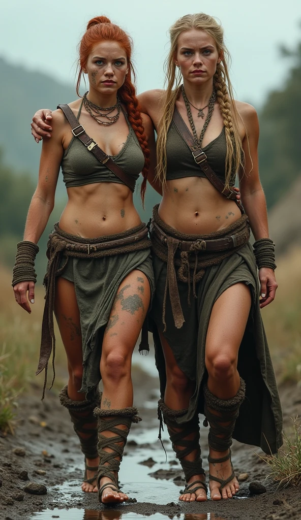 Full body picture of two lesbians women walk barefoot: two women (excellent clarity). One woman barefoot is a chubby 80-year-old Viking, 1.90 meters tall, with fair skin, very large sagging breasts, and a muscular, toned body. Her face, marked by fatigue from a long journey, is strikingly beautiful, with large green eyes and slightly cracked lips, staring directly at the camera with intensity. Her thick, red hair is styled in a single braid down her back. She appears dirty, covered in mud, with visible scrapes and bruises. She only wears a few tightly bound leather harness straps, pressing into her skin, along with Viking accessories. She has her arm over the shoulder of the smaller, her, a 30-year-old barefoot Viking woman expression of shame, also with fair skin, slender yet muscular, walks barefoot. Her long, blonde hair is styled in a neat braid, and her skin shows signs of days without bathing, with similar scrapes and bruises scattered across her body. She also wears a few tightly bound leather harness straps, pressing into her skin, and Viking accessories. Her beautiful face, with large green eyes and full lips, gazes at the camera with a look of expression of shame.