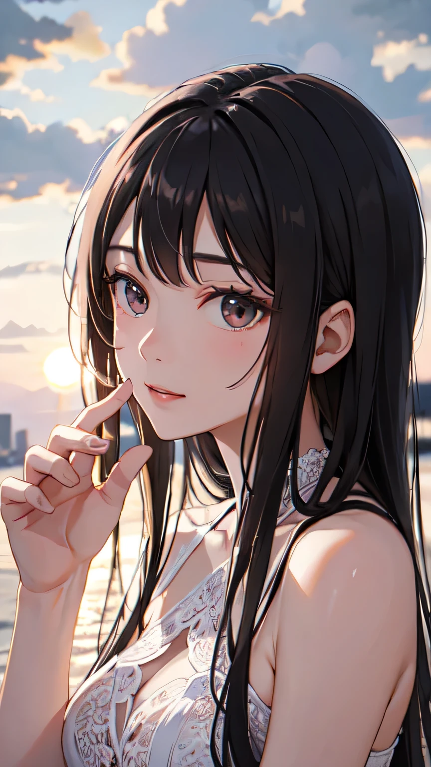 ((Highest quality)), ((masterpiece)), (detailed), One beautiful girl,Almond Eye,The magic of 6:30 p.m.,Just you and me,The moment before the sun goes down,This moment forever,Magic hour, just us two,Before the sun sets, me and you,Close up of face