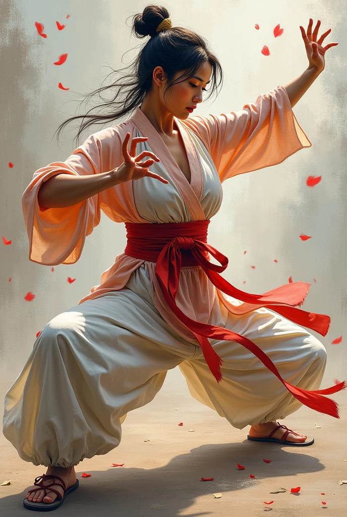 Wushu woman painting poses without seeing the face