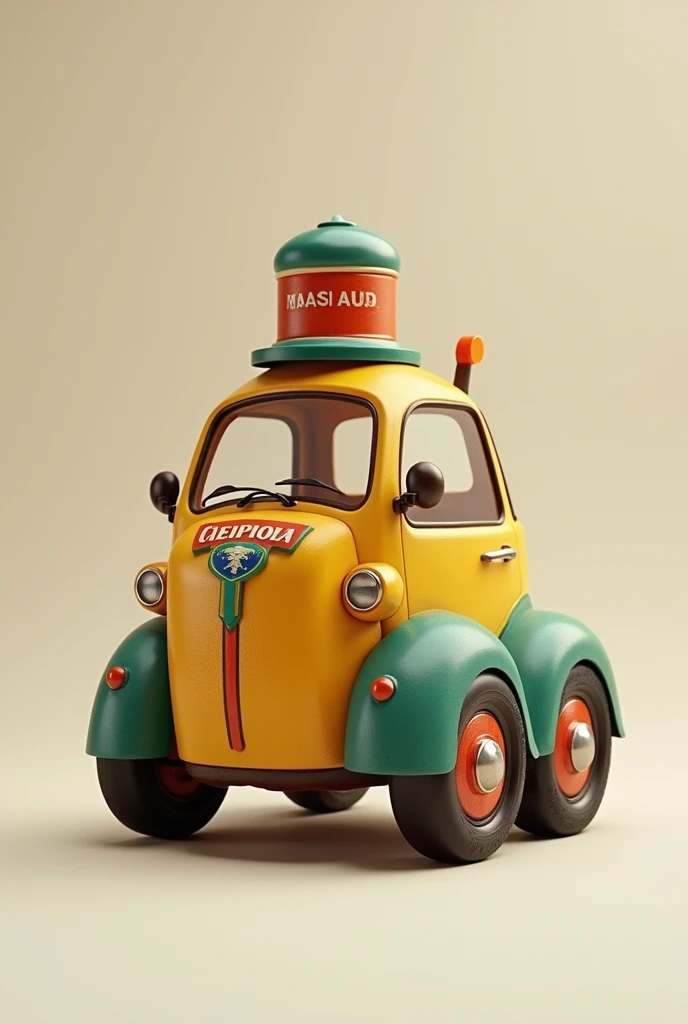 Create an image showing a traditional Brazilian coffee thermos, with the classic shape and typical colors, transformed into a car. The bottle should have wheels and a front part that resembles a car grille., but keeping the essence of a bottle of coffee. The cover should function as the roof of the car, and the beak as the hood. The design should be creative and harmoniously mix elements of a coffee bottle and a car., but I want it to still be a coffee bottle I will generate the image with these characteristics.