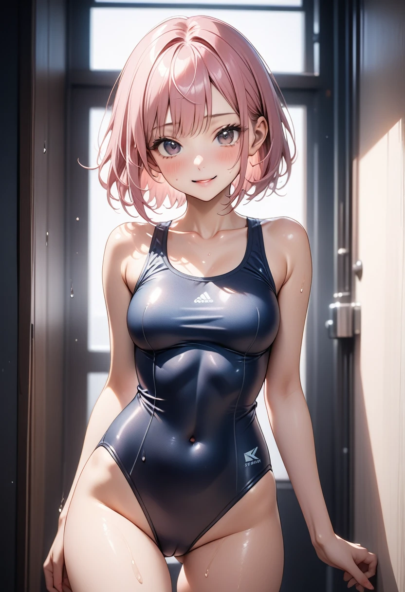 ((School Swimsuit)), ((skindentation)), skinny, alone, solo, 1 woman, Masterpiece, highest quality, highest quality, 16K, incredibly absurd, highly detailed, 2.5D, ai-generated, delicate and dynamic, very delicate facial expressions, delicate eye depiction, erotic, only sexy woman, ((A cute and kind face)), healthy figure, ((1 woman)), 160cm tall, ((medium firm swaying bust)), medium breasts, (short hair), Straight Hair, (pink hair:1.5), bob cut, black eye, blush, Sweat,Embarrassed,sexy, ((thin thighs)), (camel toe:0.5), (visible nipples:0.8), (Erect nipples,:0.7), shiny and lustrous, facing straight at viewer,  smile, ((Oily_skin)), dark skin, ((standing)), ((arm at side)),