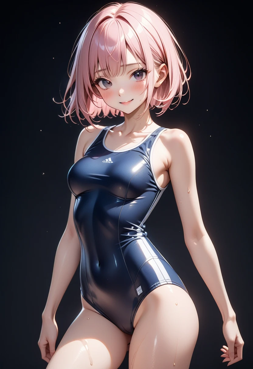 ((School Swimsuit)), ((skindentation)), skinny, alone, solo, 1 woman, Masterpiece, highest quality, highest quality, 16K, incredibly absurd, highly detailed, 2.5D, ai-generated, delicate and dynamic, very delicate facial expressions, delicate eye depiction, erotic, only sexy woman, ((A cute and kind face)), healthy figure, ((1 woman)), 160cm tall, ((medium firm swaying bust)), medium breasts, (short hair), Straight Hair, (pink hair:1.5), bob cut, black eye, blush, Sweat,Embarrassed,sexy, ((thin thighs)), (camel toe:0.5), (visible nipples:0.8), (Erect nipples,:0.7), shiny and lustrous, facing straight at viewer, smile, ((Oily_skin)), dark skin, ((standing)), ((arm at side)),