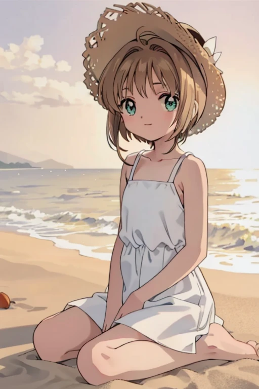 High resolution,masterpiece,Highest quality,Beautiful background,anime, cute,The girl is ,The big sun setting on the horizon, Sunset beach,Flat chest,Plain white camisole dress,Chestnut Hair,Short Bob Hair,barefoot,Green Eyes,White straw hat,Lens flare,Sitting flat on the sand,smile