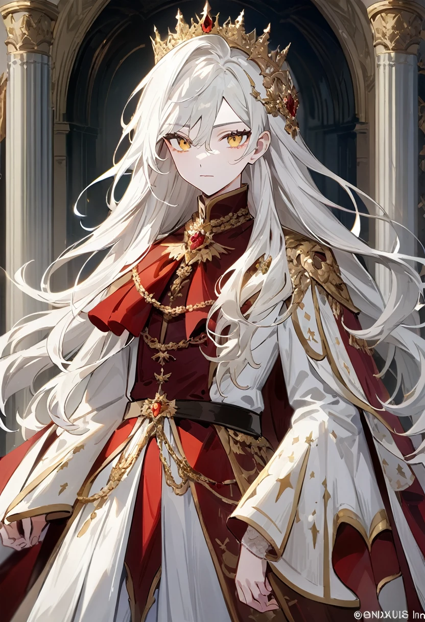 (work of art, Maximum quality, best qualityer, offcial art, beautiful and aesthetic:1.2) A Young Vampire of Royal Blood, white skinned vampire, gold eyes, Long white hair, royalty clothes, long hair