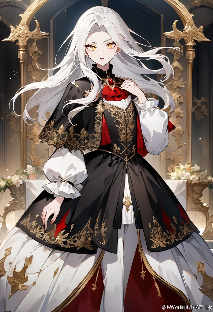 (work of art, Maximum quality, best qualityer, offcial art, beautiful and aesthetic:1.2) A Young Vampire of Royal Blood, white skinned vampire, gold eyes, Long white hair, royalty clothes, long hair