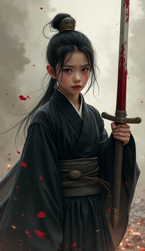 A boy, chinese black historical costume, holding a bloody sword, covered with blood, ashes in the air, sad eyes, illustration, chinese idol face, no beard