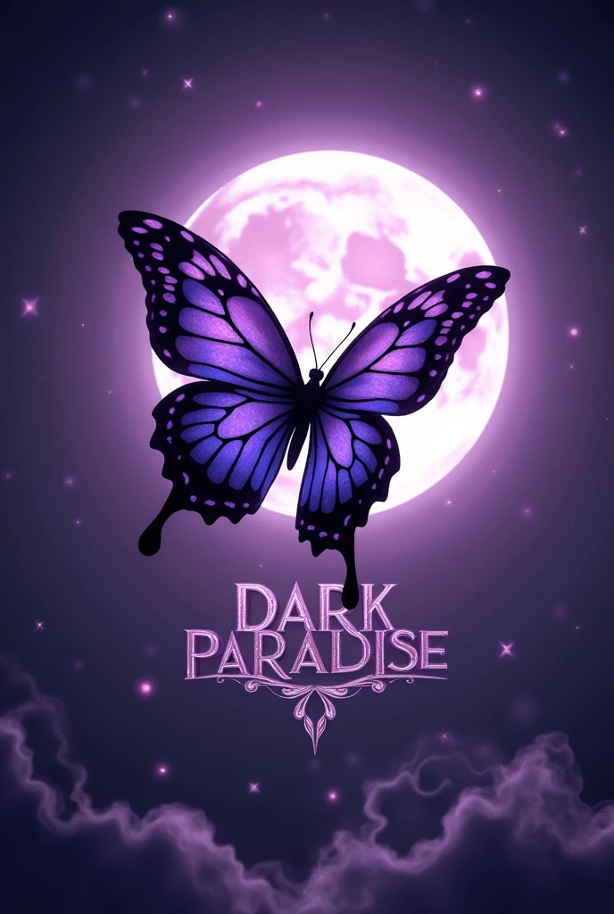 A night background in purple tones with small stars, that has a bright circular moon in the middle, and around him, Smoke and purple shadows that give it that mysterious night touch. Let there be a large, bright purple and black butterfly in front of the moon, flying sideways and leaving flashes that form the word DARK PARADISE below in capital letters and in an elegant, shiny silver font. Let the whole image shine in elegance and darkness. 