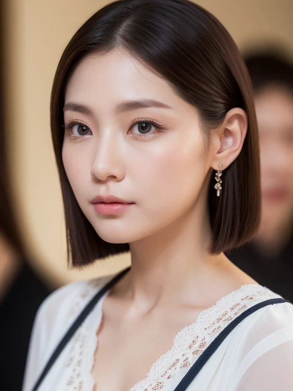 (8k、Live shooting、highest quality、master piece:1.2)、Super detailed、super resolution、(real、realPhoto:1.37)、Portrait、High-definition RAW color photo、professional photography、very detailedで美しい、very detailed、8K painting wallpaper、amazing details、huge file size、official art、Very detailed CG Unity 8K wallpaper Very detailed woman、Madam、40 year old woman with a handsome face, very narrow eyes、very detailedな肌、very detailedな指、very detailedな鼻、Very detailed、perfect anatomy、detailed background、Detailed service、white skin、glowing skin、semi-long、real-looking face、delicate eyes、Drooping eyes、Looking at the camera、cowboy shot、Front facing、standing posture、dynamic lighting、close up of face、show your skin、No accessories、Put your hand on your cheek、touching his cheek