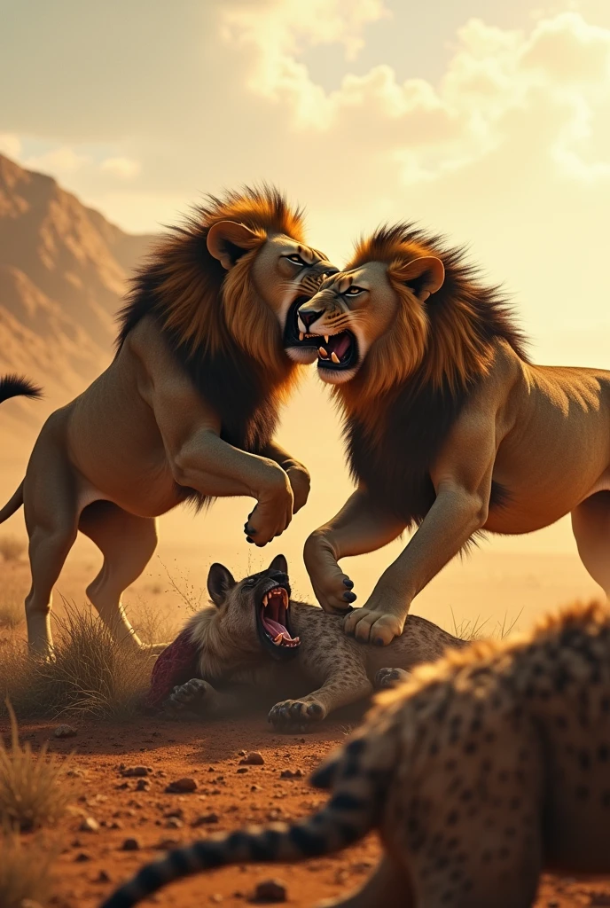 Two lions fighting eachother while a hyna eating a deer the lions hunted