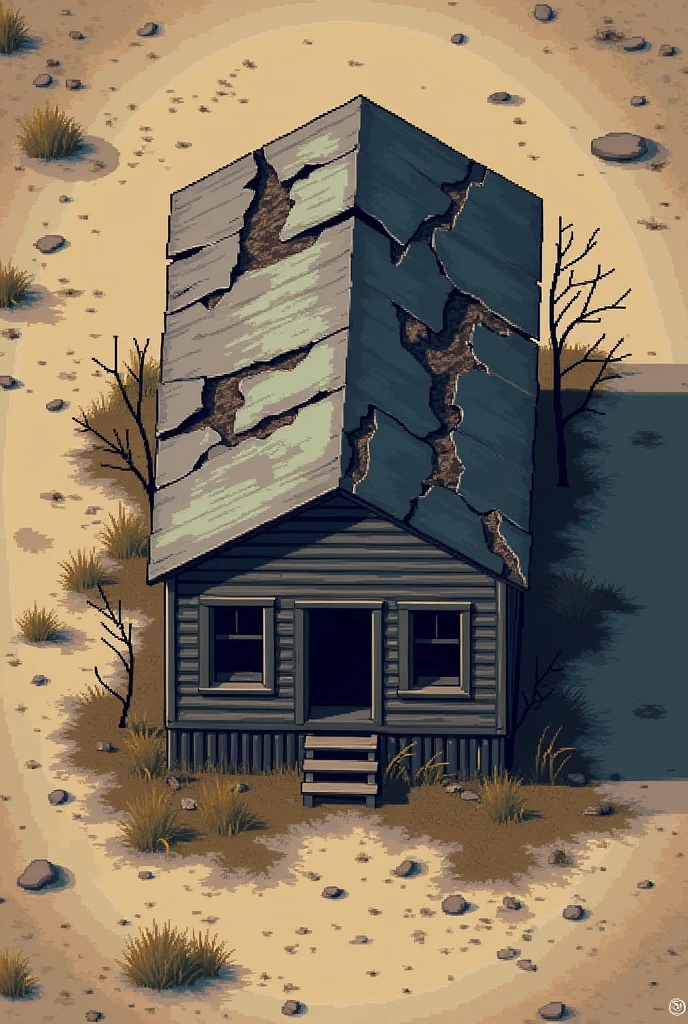 Create a house image in pixel art style., Top-down view,With front view, With post-apocalyptic graphics , The house should have a simple design., With elements that indicate deterioration and abandonment, Such as damaged roofs and broken walls., Do not include any objects other than the house in the image...