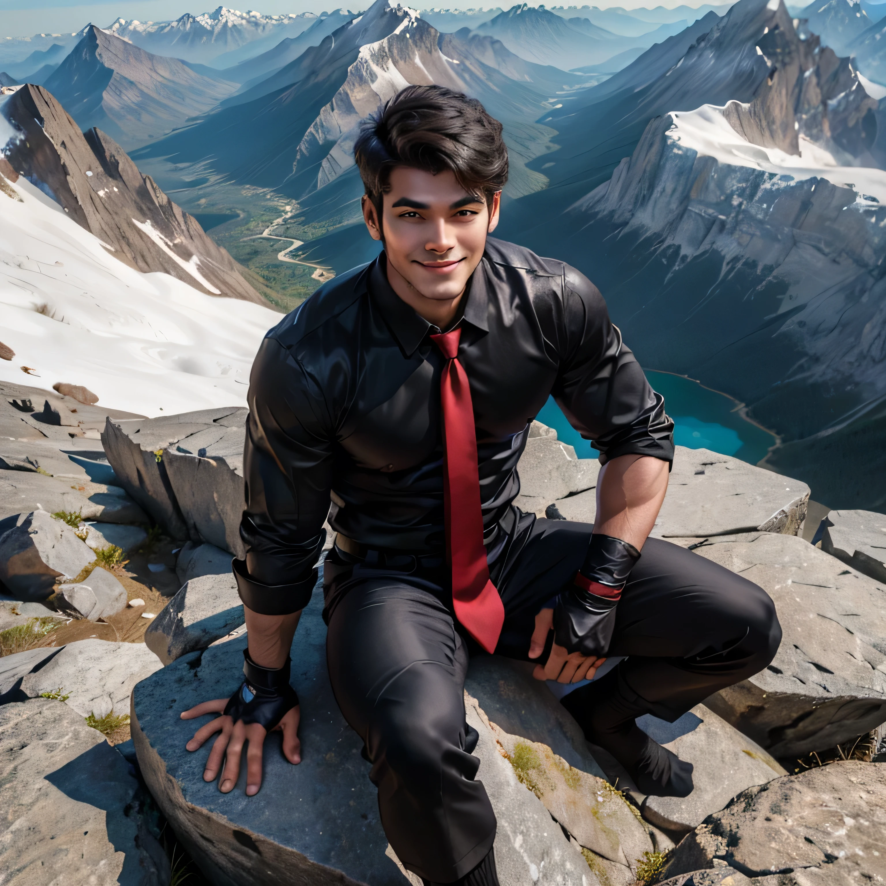 Age 27,One Man,、Handsome。Black Shirt、Red tie、Black gloves、Dhaka - Fighters、Mountaintop cliff、sitting on a rock ,,logic, ,Very short hair、 ,Asian Face,、 Handsome smile Black socks View from above Upper body close-up