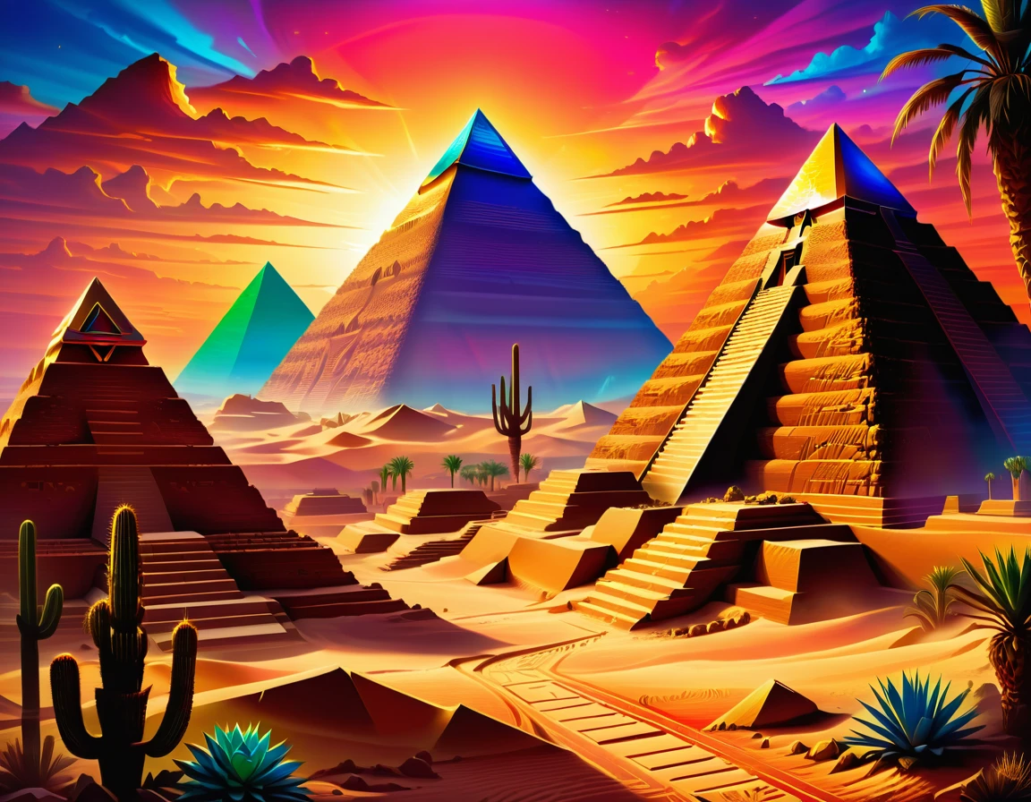 Paintings of desert scenes,The painting features a pyramid and a cactus tree, Egyptian Themed Art, Pyramids in the desert, Pyramid background, Neon Ancient Ruins, Pyramid ruins at sunset, Colorful ancient Egyptian city, Colorful city, Psychedelic illustration, Egyptian Landscape, Golden Pyramid, Psychedelic art style, ancient pyramid, Juster Battle, Surreal psychedelic design, pyramids style, Pyramids in the background