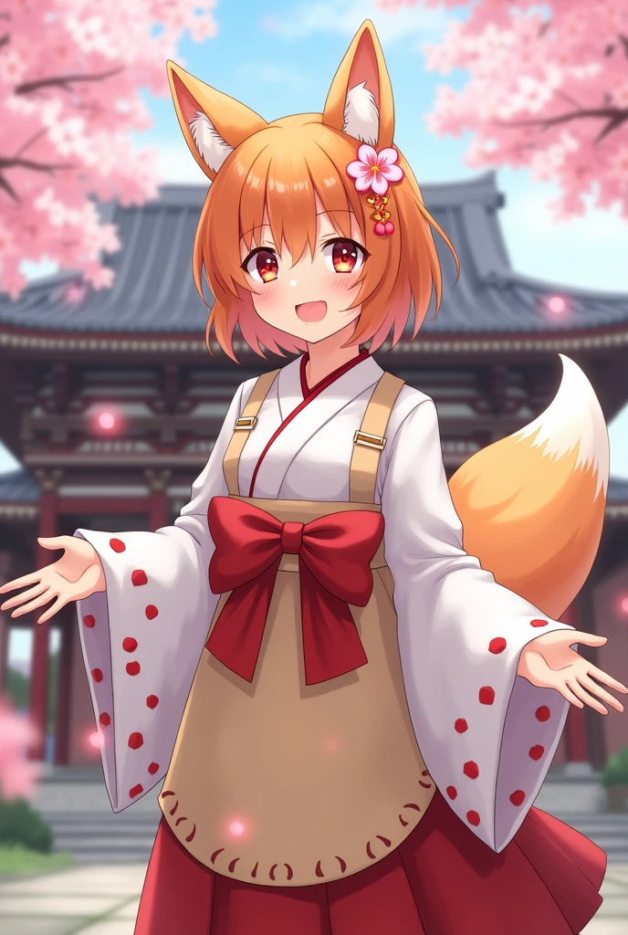 Girl with orange short hair with fox ears and tail. On the head is a hairpin in the form of a sakura flower. Dressed in a white kemano with red dotted stripes on the ends of the sleeves. with a beige apron on straps. And in a long red skirt. And on her belt is a big red bow. Against the backdrop of blooming sakura and in the background a Japanese temple.