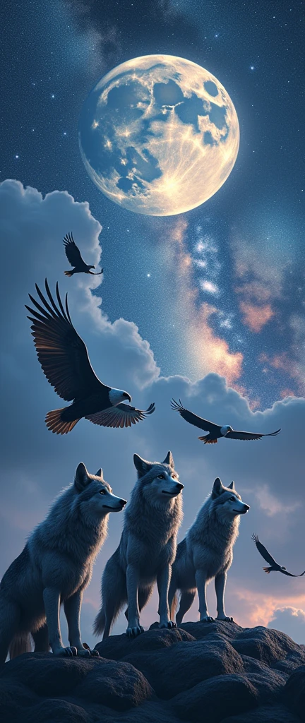 wolfs and Eagles Under the Milky way and Moon and have a Galaxy Background