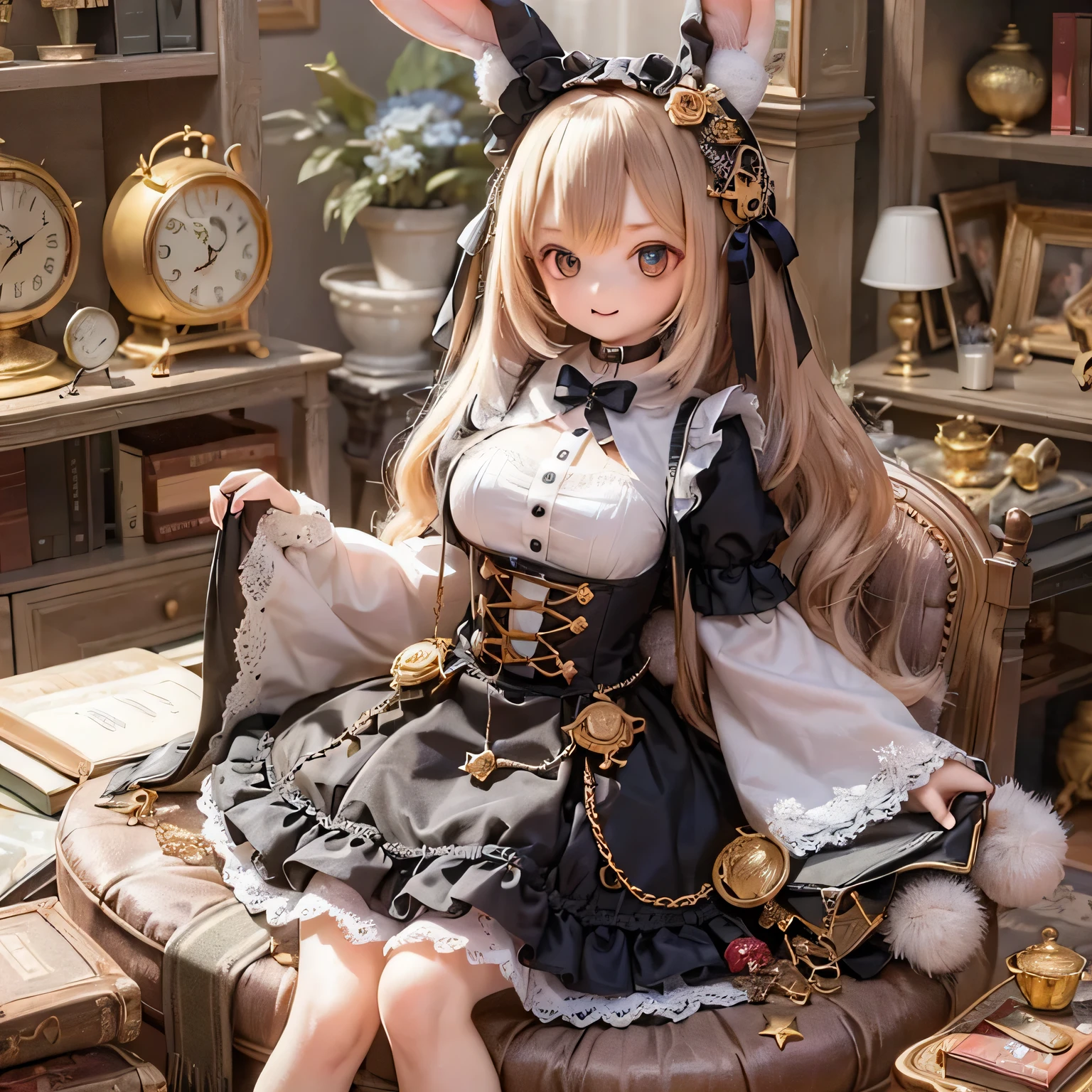 The rabbit girl is holding a big clock with Alice_Wonderland、Goth Costume