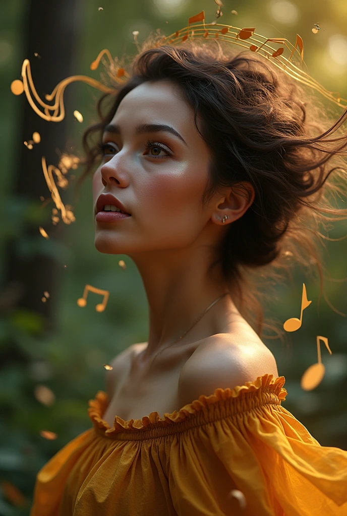 "a beautiful woman with super power in her voice with musical notes flying over her is a more natural face with musical notes appearing