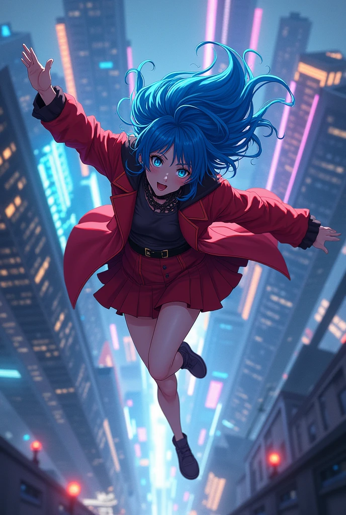 Anime girl blue hair wearing red Coat and skirt with 360° Dynamic selfie Pose jump from Rooftop of building with cyberpunk city night Vibes