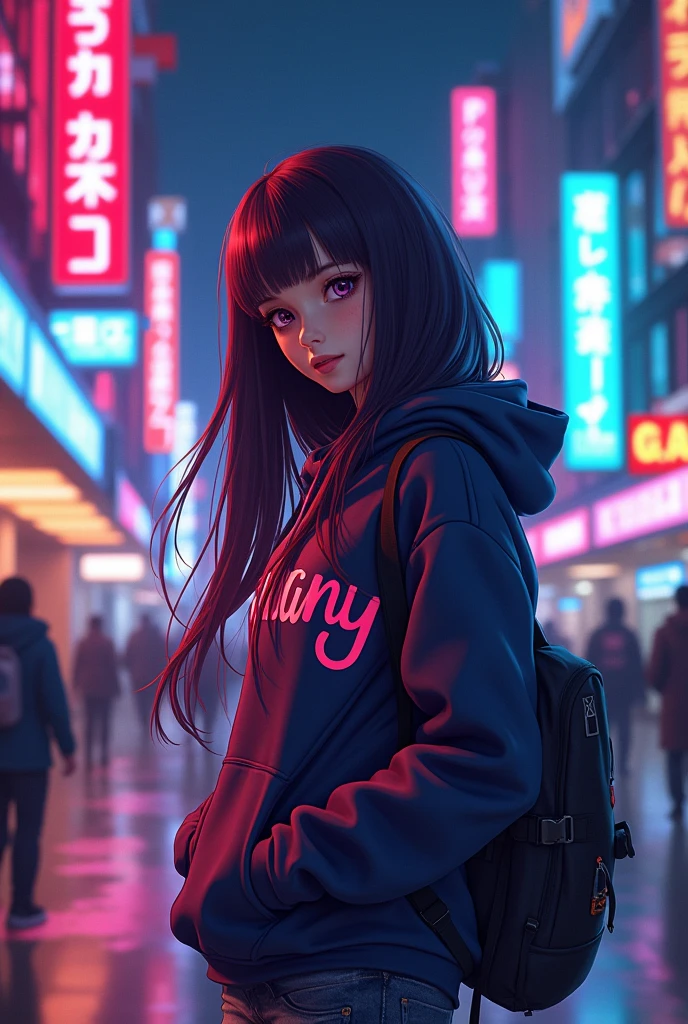 Create a character anime, {background: capital text “GLBK”, night city}, tanned skin,
realistic, HDR, beautiful, japan style, full body, use piastol, age 20, hoodie HD text: “FANY”, female, long hair