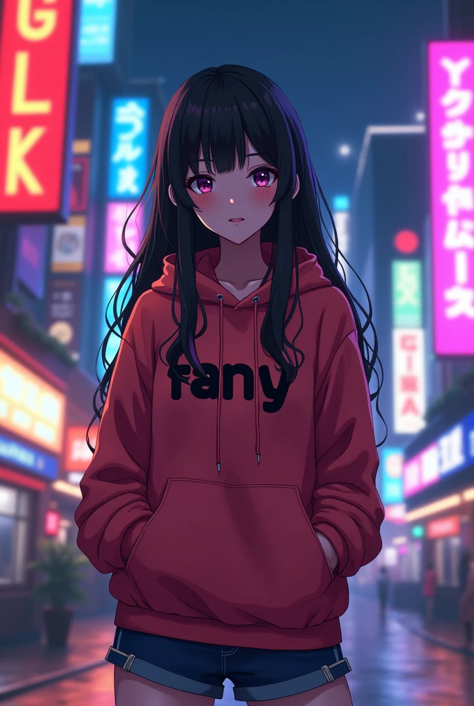 Create a character anime, {background: capital text “GLBK”, night city}, tanned skin,
realistic, HDR, beautiful, japan style, full body, use piastol, age 20, hoodie HD text: “FANY”, female, long hair
