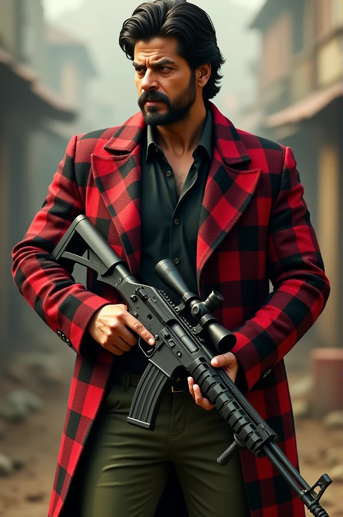 Shahrukh Khan in red black checks jacket and olive green pant carry rifle