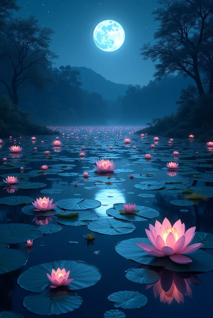 Night pond, many lotus flowers in the pond, full moon, beautiful details, lights, long shot, mysterious