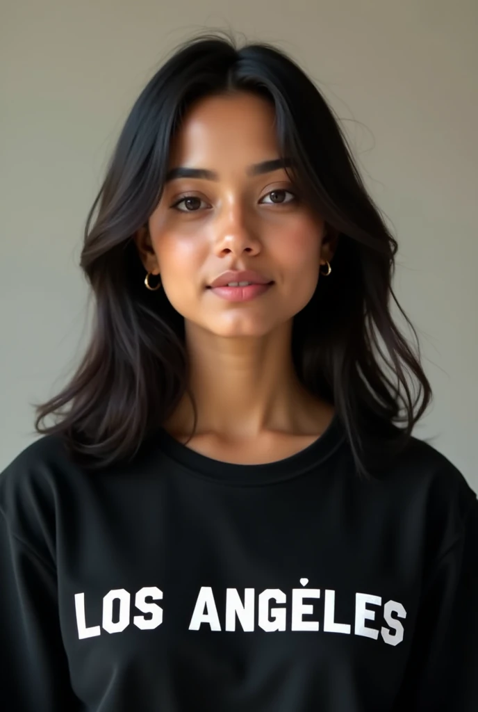 Her face is square with a smooth and balanced structure, exuding a youthful and calm expression. Her skin is medium and evenly toned, appearing soft and well-maintained. She has dark, straight hair that falls just below her shoulders, parted down the middle, framing her face evenly on both sides.
Her eyebrows are dark, slightly arched, and well-groomed, giving her a gentle and natural expression. Her eyes are large,hooded almond-shaped, and have a dark color, likely dark brown. They are set symmetrically and appear calm, with a neutral yet engaging gaze directed forward.
She has a straight nose, proportionate to her face, with a slight narrowing towards the tip. Her lips are naturally full with a soft, pinkish color, slightly curved in a neutral or gentle expression. She does not appear to be smiling broadly, but her lips are relaxed and closed, giving a serene and composed look.
Her jawline is soft and not overly pronounced, adding to the overall gentle and approachable appearance of her face. Her cheeks are smooth, with a slight natural contour that complements her youthful appearance. She is wearing a black sweatshirt with the words "LOS ANGELES"in capital printed in bold white letters across the chest, which adds a casual and modern touch to her look.
And also she looks indian and has indian feature , no bindi
Overall, her facial features are harmonious, with a calm, pleasant, and approachable demeanor.