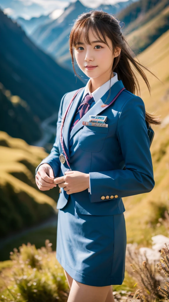 Super detailed, High resolution, Super detaileded, highest quality, wonderful, highest quality,Integrated 8K wallpaper, cinematic lighting, stewardess、20-year-old、Japanese、in mountain、The person is small