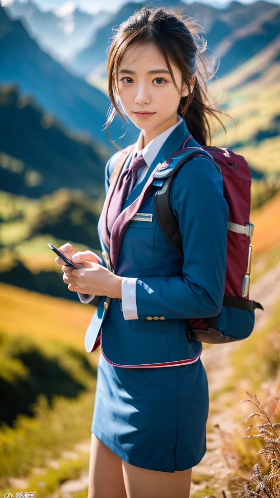 Super detailed, High resolution, Super detaileded, highest quality, wonderful, highest quality,Integrated 8K wallpaper, cinematic lighting, stewardess、20-year-old、Japanese、in mountain、The person is small