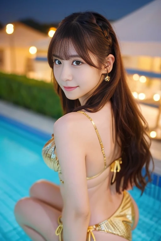 Beautiful woman, ((Twins)), Japanese actress, ((gold bikini)), looking us, and little smiling, walking on night pool, ((Facing forward)), ((Gaze forward)), ((Shot from above the knees)), incredibly detailed face, incredibly detailed beautiful eye, ((double eyelid)), glossy lips, ((focus on face)), ginger drill long hair, masterpiece, high quality, best quality, highly detailed, insanely detailed, 8k