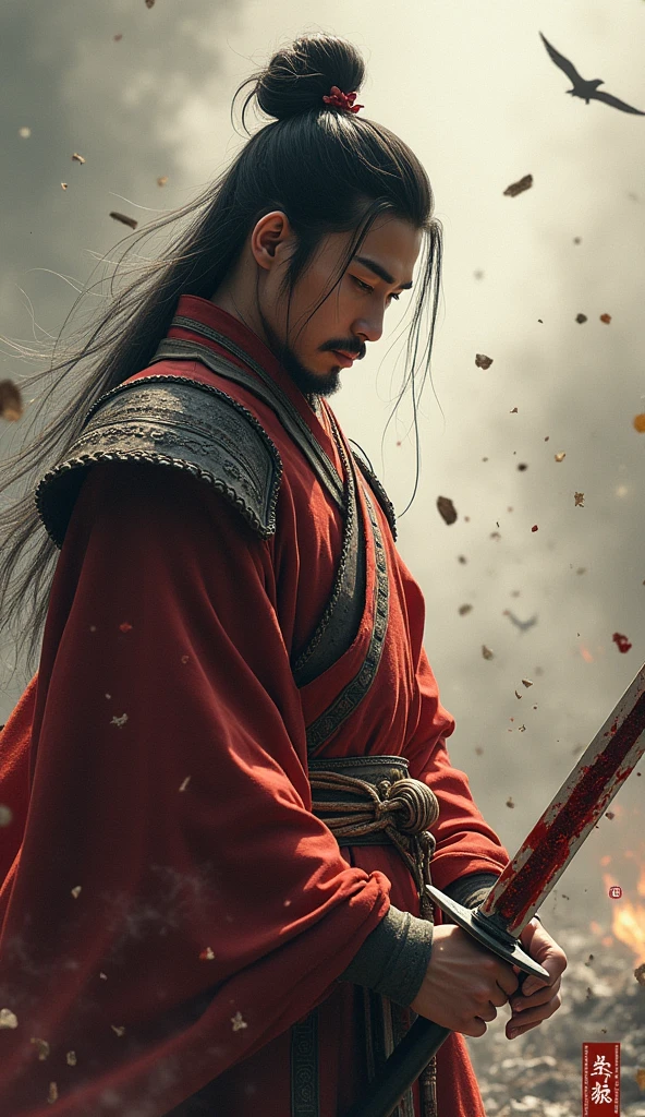 A boy in 20s, chinese black historical costume, holding a bloody sword, covered with blood, ashes in the air, sad eyes, illustration, chinese idol face, no beard