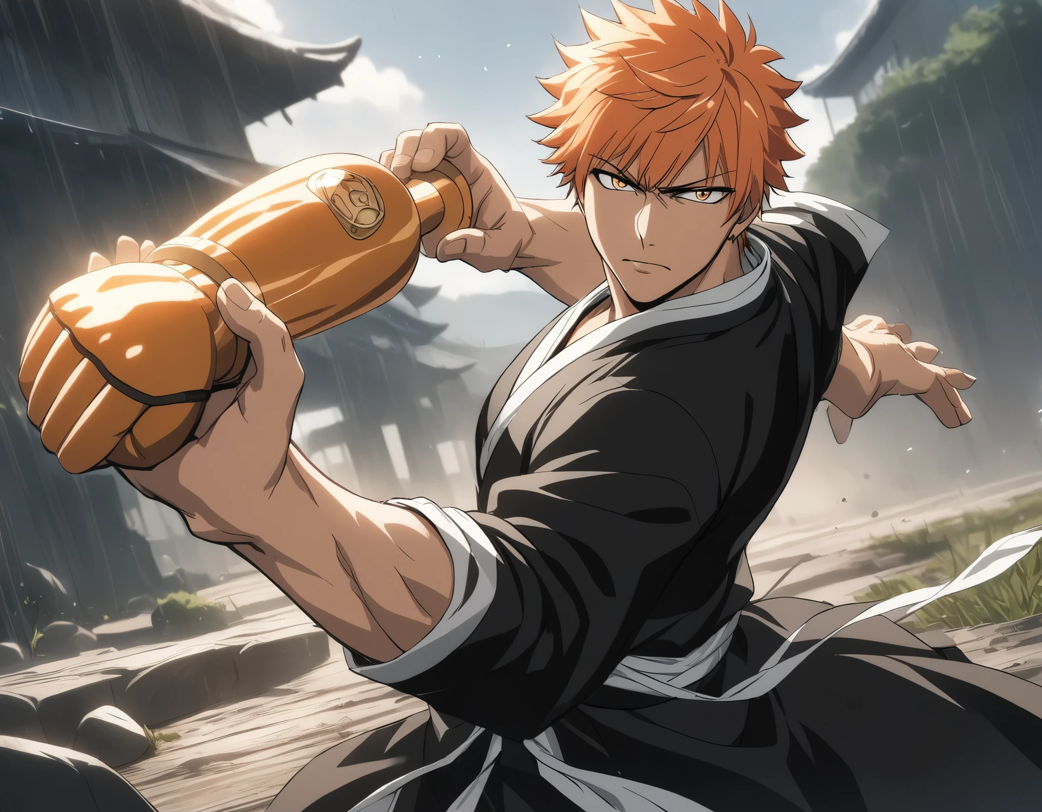 1boy, male focus, solo, (kurosaki ichigo), bleach, orange very short hair, wear blackimono, open mouth, gourmetspicer,
sky, holding weapon,
weapon,upper body,clenched hand,incoming attack,arm cannon,fighting stance,
looking at viewer,
dutch angle,
grasslands,
masterpiece, best quality, ultra detailed, highres,4k,(ultra-detailed:1.4) (illustration:0.5), (ray tracing,:0.8),(anime colored:0.7),(ai-generated:0.5),