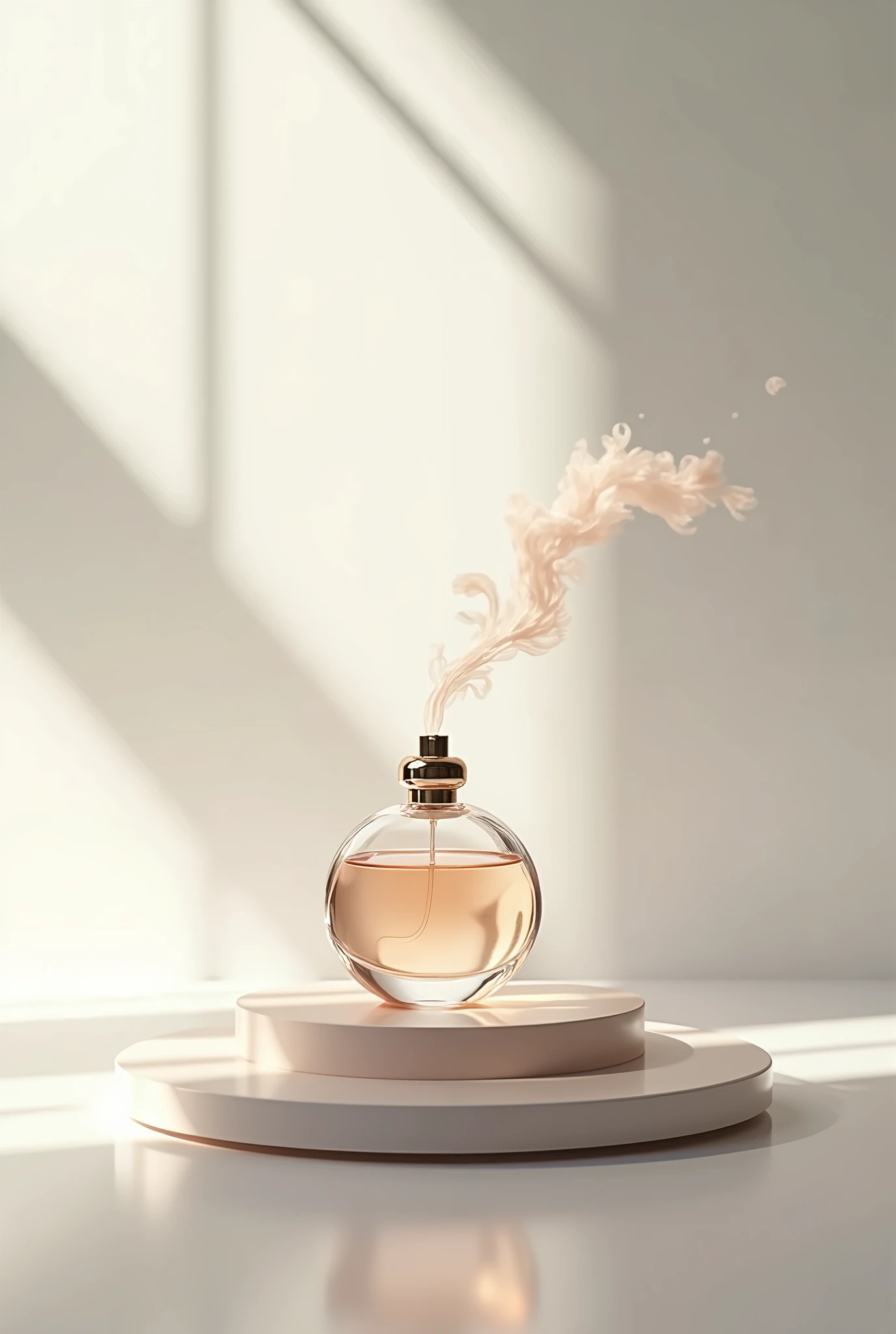 A high-end perfume platform with one perfume bottle out of it comes a perfume spray with a light background