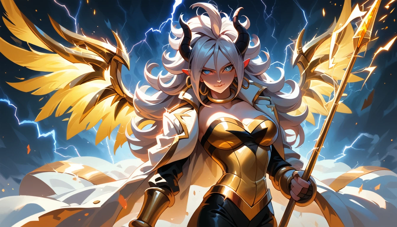 ((((Golden Spear)))), ((Lightning Power)), ((Electricity)), ((Fire Background)), ((Lightning Storm)), ((Power Erupting)), ((((android 21)))), (((white Coat))), (((Busty))), luxury bustier corset, ((silver hair)), (((Very slim waist))), propotional body, ((Gorgeous)), (((gold wings))), masterpiece, hyperdetail, ambient effect, digital effect, (((Lightning Spear))), (((Fire Gold Armor))), (((Lightning Gold Wings))), ((Fire Demon Horns))