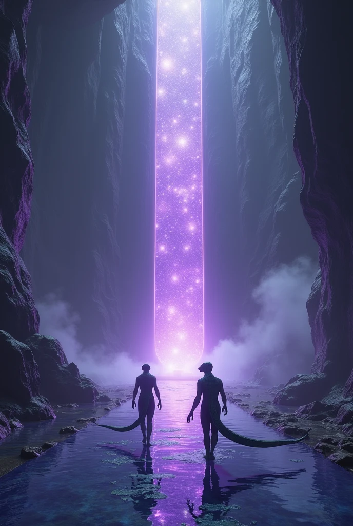 Inside a very large cave, in the center a path made of purple amethyst crystal in the middle of a temple, at the end of the path a purple crystal portal. Crystal clear water on the ground.
Foggy cave full of long-tailed reptilian humanoids walking towards the portal