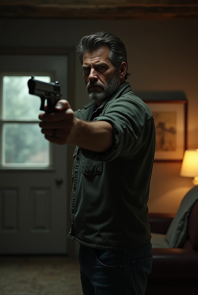 Man with a gun in his hand, Homely atmosphere with natural lighting at night
